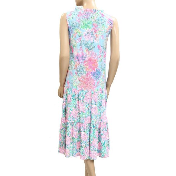 Lilly Pulitzer Floral Printed Tank Midi Dress Drop Waist Tiered Ruffle XS 282427 - Picture 3 of 5